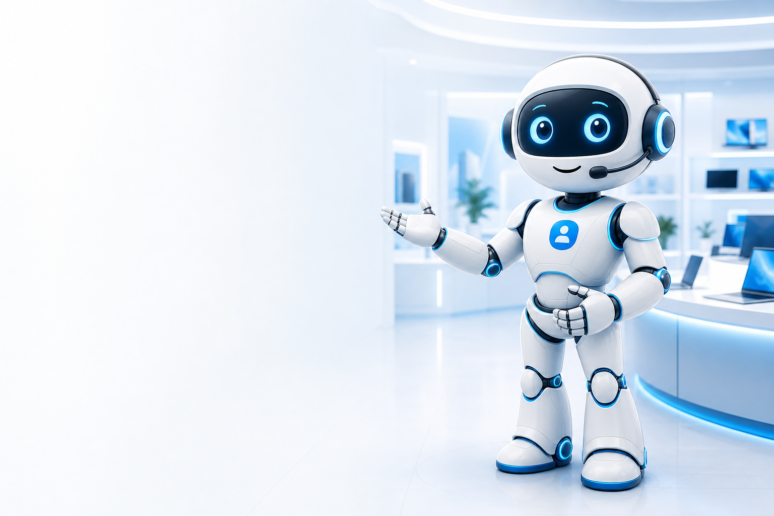 Friendly white and blue care robot mascot for Dalmia Computers customer support